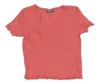 Růžové žebrované crop tričko s krajkou