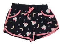 Tmavomodro-růžové kraťasy s Minnie a duhami 