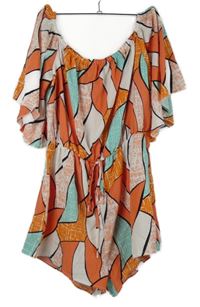 Dámský oranžovo-modro-bílý vzorovaný letní overal s lodičkovým výstřihem 