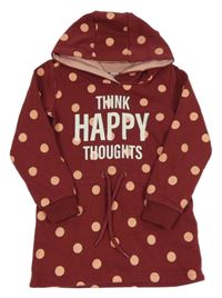 Vínová puntíkovaná tepláková tunika s nápisem a kapucí 