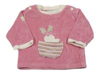 Růžová sametová mikina s kapsou a ptáčkem 