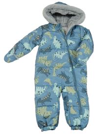 Modrá šusťáková zimní kombinéza s dinosaurem a kapucí Nutmeg