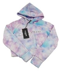 Nové - růžovo-modro-fialová crop mikina s logem a kapucí 