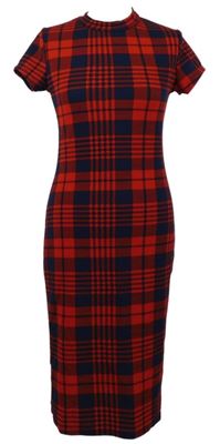 Dámské červeno-tmavomodré kostkované dlouhé šaty 