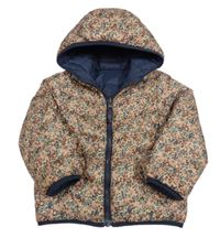 Světlerůžová květovaná šusťáková oboustranná zateplená bunda s kapucí Vertbaudet