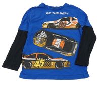 Modré triko se závodními auty a černými rukávy F&F