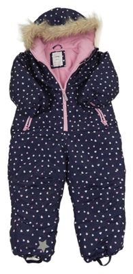 Tmavomodrá šusťáková zimní kombinéza se srdíčky a kapucí Sinsay