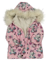 Světlerůžová šusťáková zateplená bunda s jednorožci a kapucí 