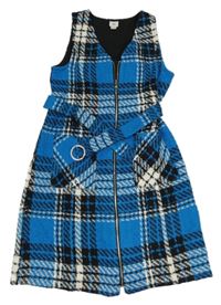 Modro-černo-bílé kostkované úpletové propínací šaty s páskem River Island