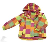 Žluto-růžovo-zelená kostkovaná šusťáková zateplená bunda s kapucí Lupilu