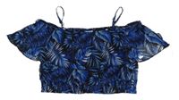 Modro-černý šifonový crop top s listy a volánkem Page one young
