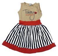 Béžovo-pruhovano-červené šaty s logem Tommy Hilfiger 