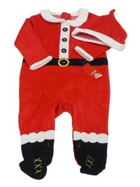 Nové - 2set - Červený sametový overal + čepice - Santa St. Bernard