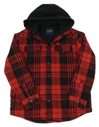 Červeno-černá kostkovaná flanelová zateplená košilová bunda s kapucí Next 