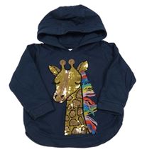 Tmavomodrá mikina se žirafou z flitrů a kapucí 