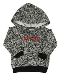 Černo-bílá vzorovaná mikina s nápisem a kapucí 