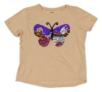 Světlerůžové crop tričko s motýlkem z flitrů Sinsay 