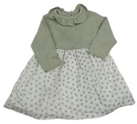 Bílo-khaki plátěno/pletené šaty s kytičkami Tu