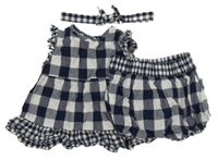 3set - Tmavomodro-bílá kostkovaná halenková tunika + kraťasy + čelenka F&F