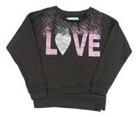 Tmavohnědošedá mikina se třpytivým nápisem a srdíčkem PRIMARK