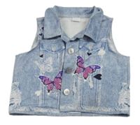 Modro-bílá vesta riflového vzhledu s motýlky a srdíčky 