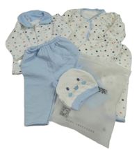 Nové - 5Set - Bílo-světlemodrá propínací a zavinovací vyteplená mikina s děťátkem + bílé a světlemodré tepláky + čepice s oušky