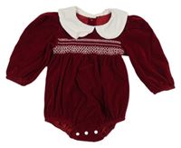 Tmavočervené sametovo/manšestrové body s výšivkou a bílým límečkem 