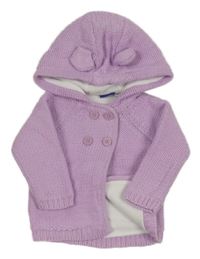 Levandulový pletený propínací podšitý svetr s kapucí s oušky lupilu