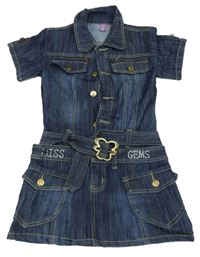 Tmavomodré riflové šaty s nápisy z kamínků a límečkem a páskem