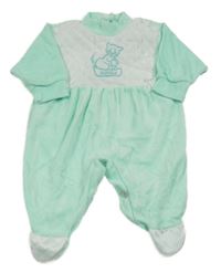 Světletyrkysovo-bílý sametový overal s kočičkou a mašličkami