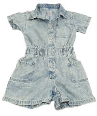 Světlemodro-bílý plísňový riflový kraťasový overal s límečkem Denim Co.