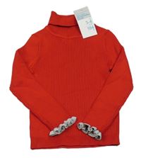 Nové - červeno-šedo/stříbrný žebrovaný úpletový rolák s volánky PRIMARK