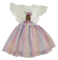 Bílo-barevné žebrovano/tylové šaty s dívkou a hvězdičkami a měsíci