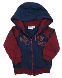 Tmavomodro/vínová propínací mikina s nápisy - Harry Potter a pruhy a kapucí 