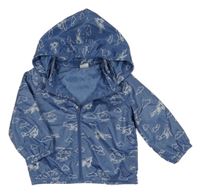 Modrá šusťáková podzimní bunda s vrtulníky a obláčky a odepínací kapucí H&M