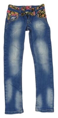 Modré high waist skinny rifle s květy