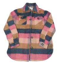 Tmavorůžovo-hnědo-antracitová kostkovaná košilová bunda Primark