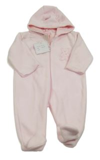 Nové - Růžový fleecová kombinéza s medvědem a kapucí