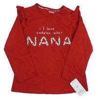 Nové - Červené triko s nápisem a volánky Nutmeg