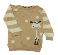 Hnědo-béžová svetrová tunika s žirafou a puntíky