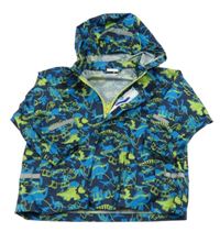 Tmavomodrá šusťáková nepromokavá bunda s dinosaury a kapucí Papagino