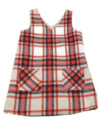 Světlebéžovo-červeno-tmavomodré kostkované vlněné šaty F&F