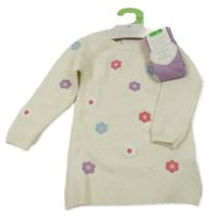 Nové - 2set - Smetanové svetrové šaty s květy + levandulové punčocháče Primark