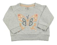 Světlešedá melírovaná mikina s motýlem z flitrů Papagino