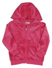 Fuchsiová plyšová propínací mikina s motýlem z kamínků a kapucí Infinity Kids