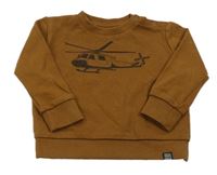 Hnědá žebrovaná mikina s vrtulníkem