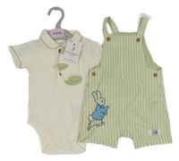 Nové - 3set - Světlezeleno-smetanové pruhované plátěné laclové kraťasy s Králíčkem Petrem + polo body + ponožky M&S