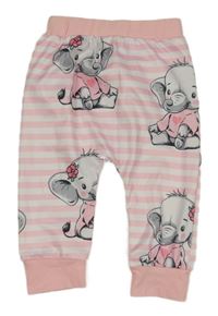 Bílo-růžové pruhované lehké tepláky se slony 