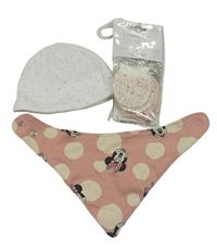 4set - bílá bavlněná čepice + 2x bílo-růžové bavlněné rukavice + starorůžový slinták s Minnie 