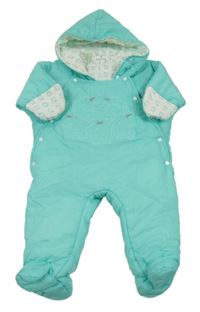 Tyrkysová šusťáková zimní kombinéza s tučňáky a kapucí 